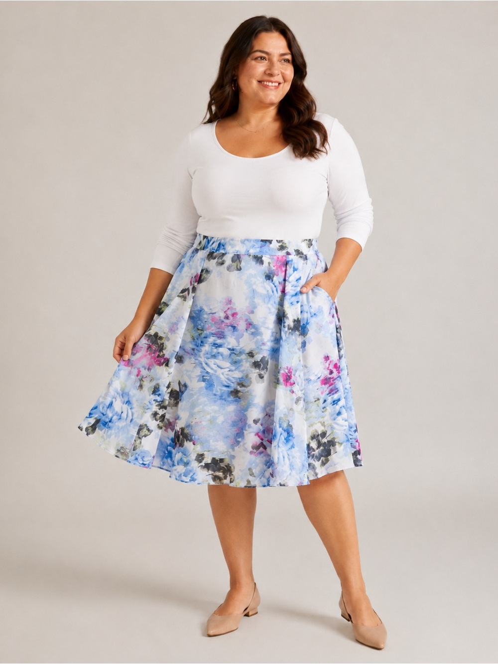 Romantic Watercolor Floral Midi Skirt Cottagecore XL